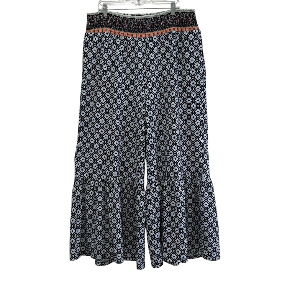 Bohemian Wide Leg Bloomer Pants Sz XL Ruffle Bell Bottom Pull On Pockets Hippie
